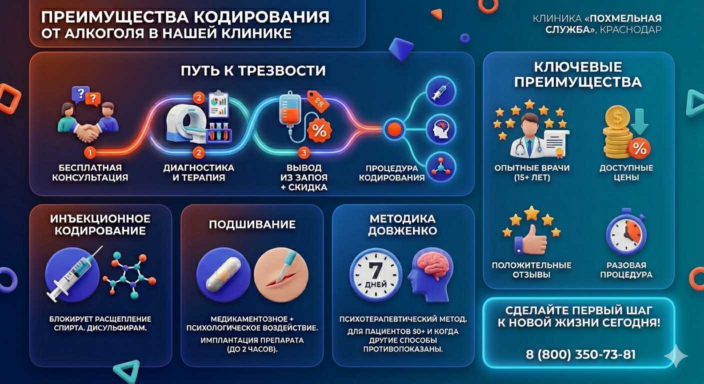 Инфографика о методах кодирования от алкоголя в Агрызе: инъекции, подшивание, метод Довженко. Преимущества клиники и этапы лечения.